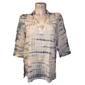 Pure Jill Tie Dye Tunic Top Shirt Moonstone Blue Wht V-Neck 3/4 Sleeve Womens S